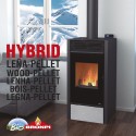 Estufa mixta leña/pellets 11 kw BRONPI HYBRID con piedra color gris y cristal VISIÓN