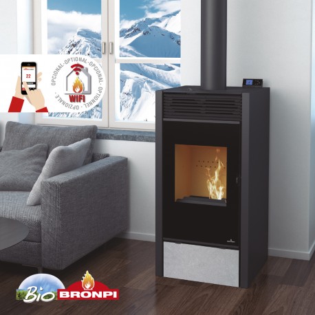 Estufa mixta leña/pellets 11 kw BRONPI HYBRID con piedra color gris y cristal VISIÓN