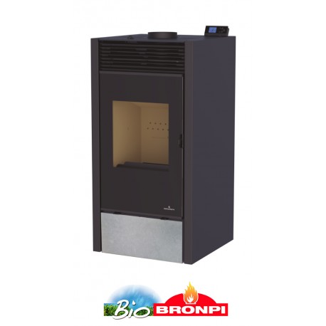 Estufa mixta leña/pellets 11 kw BRONPI HYBRID con piedra color gris y cristal VISIÓN